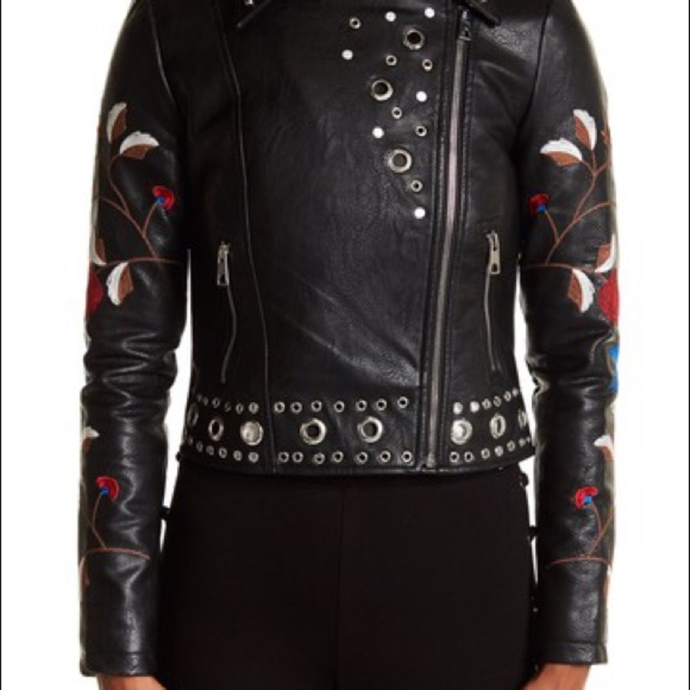 NWT Romeo & Juliet Couture Embroidered Faux Leather Moto Jacket